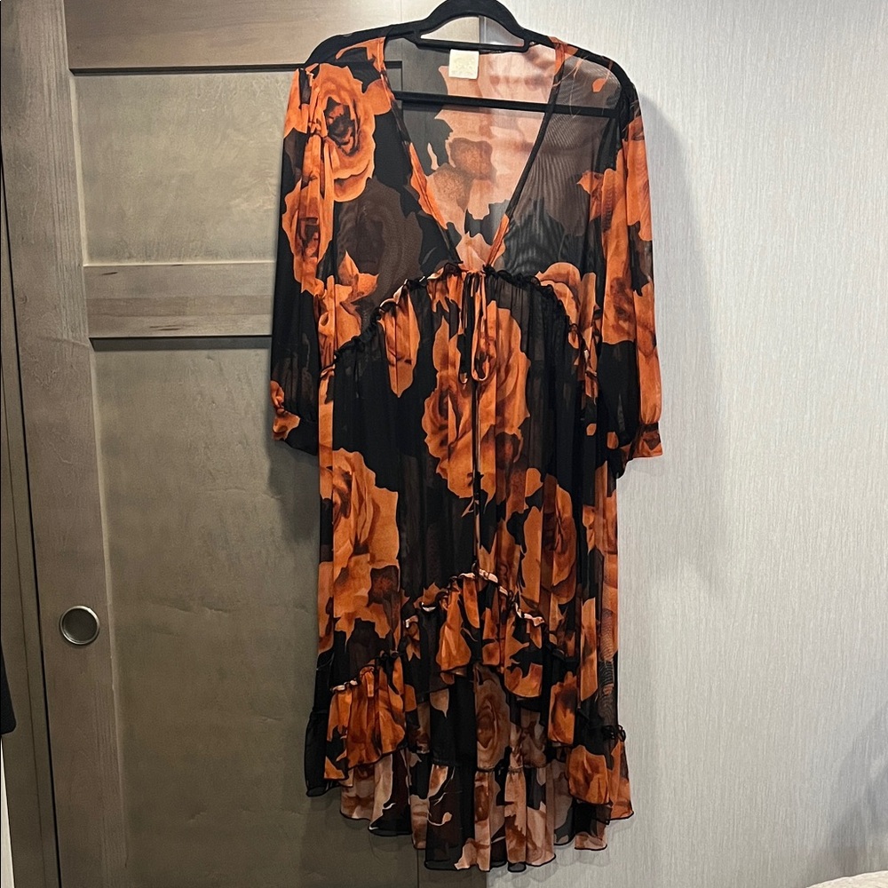 Elegant Black and Orange Floral High Low Dress